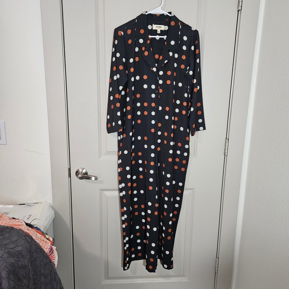 Porridge Polka Dot Wide Leg Jumpsuit Womens Small Black Orange Bttn Front Pocket